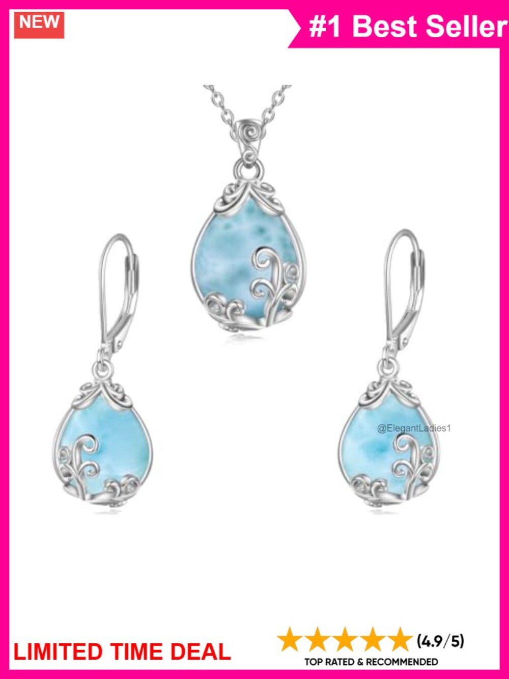 Larimar Filigree Teardrop Necklace Earrings Set Sterling Silver Jewelry